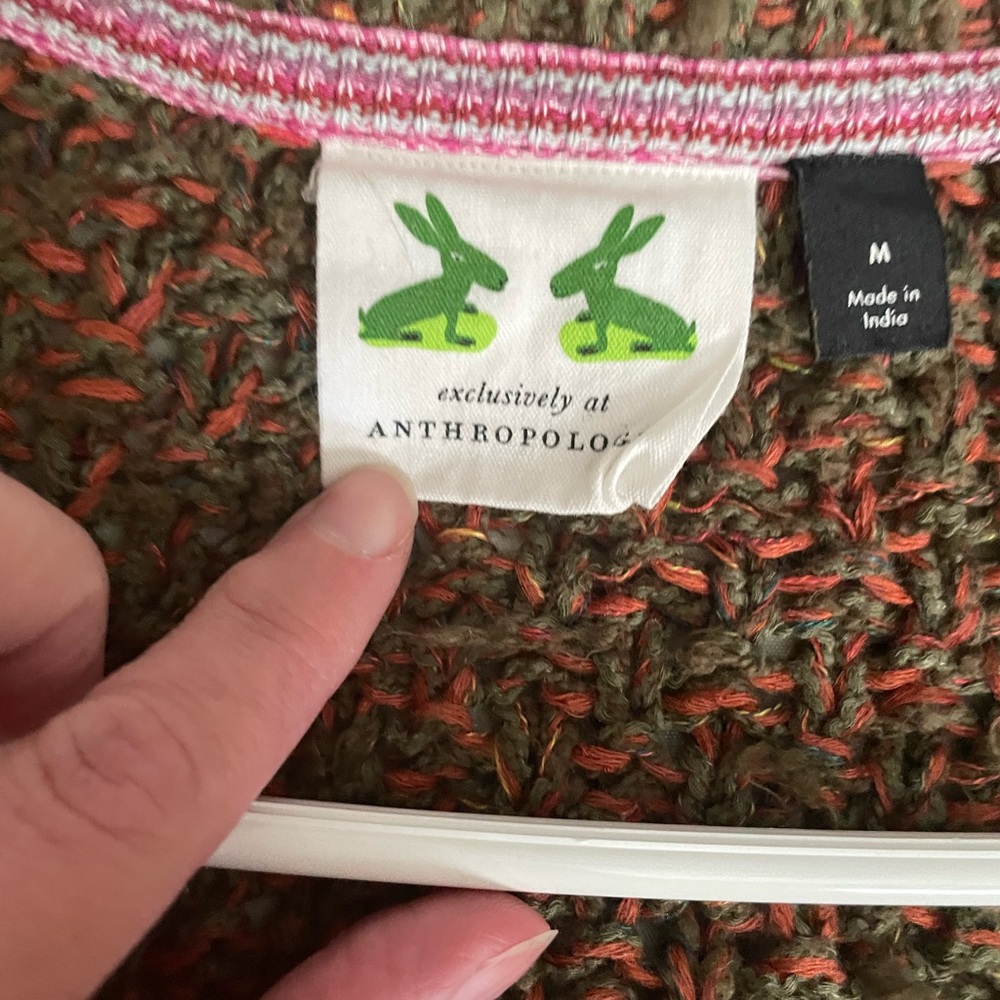 Anthropologie Brown Cropped V-Neck Sweater with Yellow & Green Leaf Embroidery - Picture 3 of 15